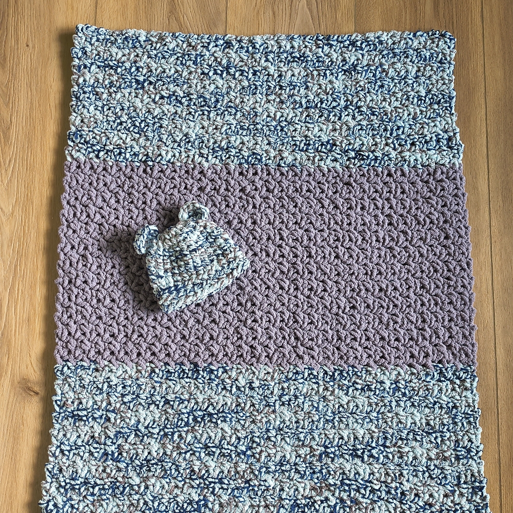Handmade Blue and Grey Knit Blanket with Hat
